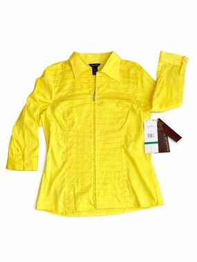 Multiples Yellow Zip Front Blouse L NWT Cotton Stretch Bright Top